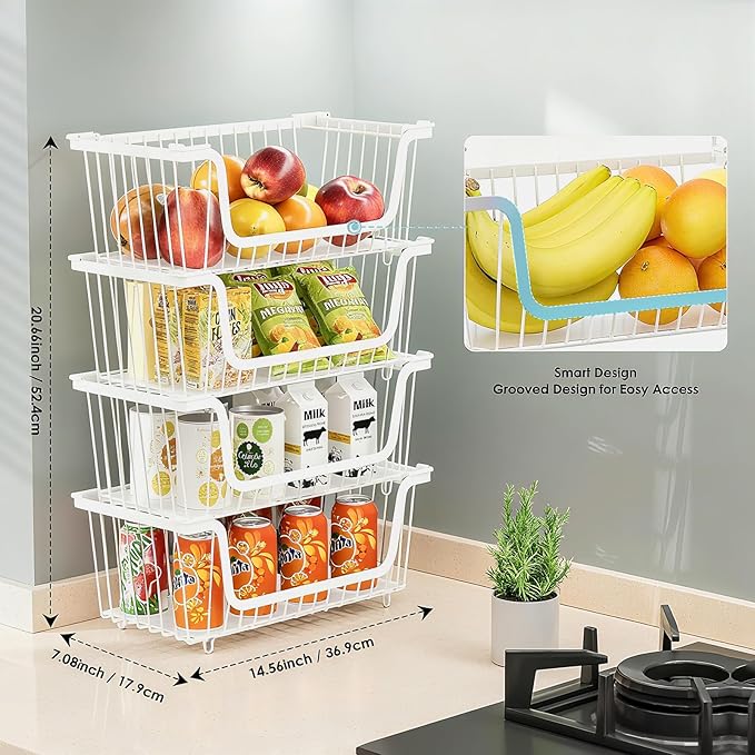 4 Pcs Stackable Wire Baskets for Pantry Organizers and Storage,Vegetable Fruit Basket for Countertop,Kitchen Storage Metal Baskets,Produce Potato Onion Storage Bin,White