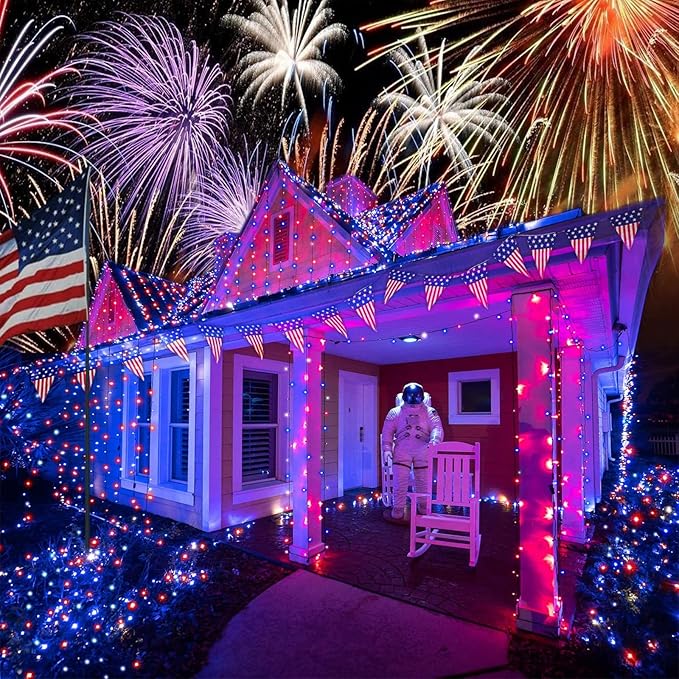 12 Pack 4th of July Lights 7 Feet 20 Led Waterproof Red White and Blue Lights Silver Wire Firefly Starry Moon Lights for Bedroom Independence Day Fouth of July Decor (Red & White & Blue)