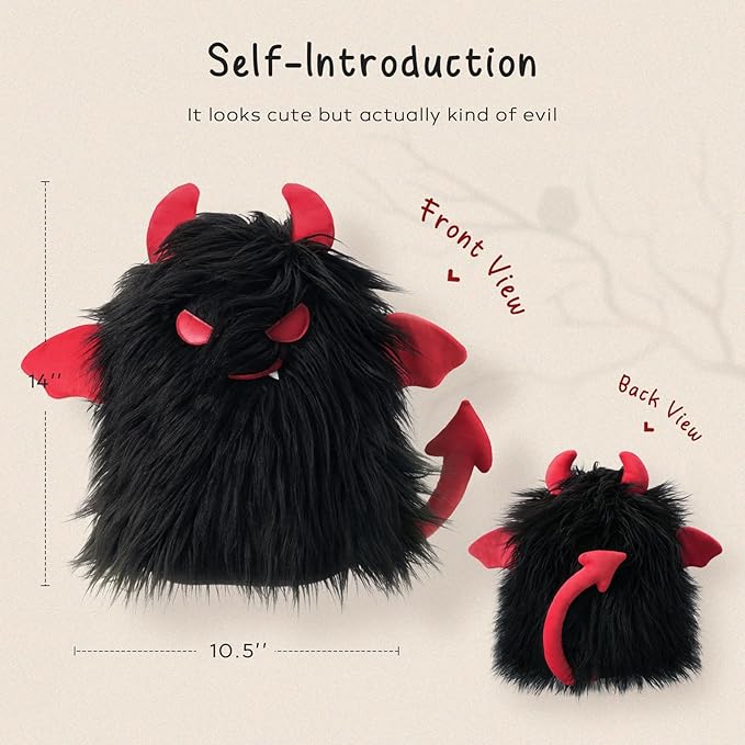 Ashler Ghost Pillow - Cute Shaped Throw Pillow for Halloween, Black Fur Devil 3D Halloween Pillow with Tail, Ideal Gift for Halloween Decor, 14x10.5 inches