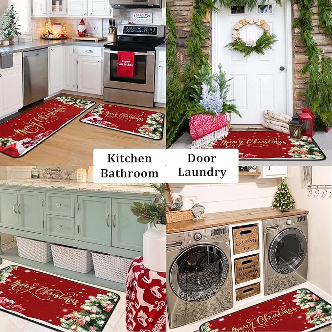 Christmas Kitchen Rugs 2 PCS, Merry Christmas Kitchen Rug, Non Skid Washable Padded Soft Comfort Kitchen Rugs Set (17"x47"+17"x30",Merry Christmas)
