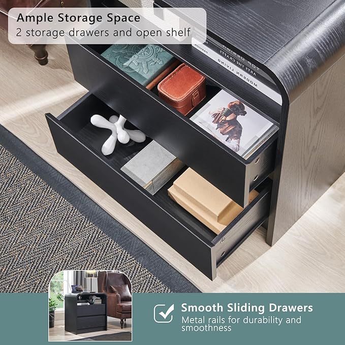 25" Tall Modern Nightstand with Charging Station, 23.6'' Wide Wood Bedside Table w/2 Storage Drawers, Large Mid Century End Table for Bedroom, Living Room, Curved Profile Design, Black