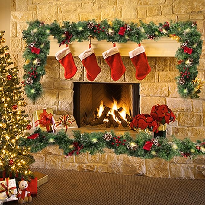 MorTime 2 Pack 9 FT LED Christmas Garland with Pinecones Red Berries Bows Christmas Balls Candies, Multi-Function Christmas Garland with 50 Warm White LED Lights, 180 Branch Tips