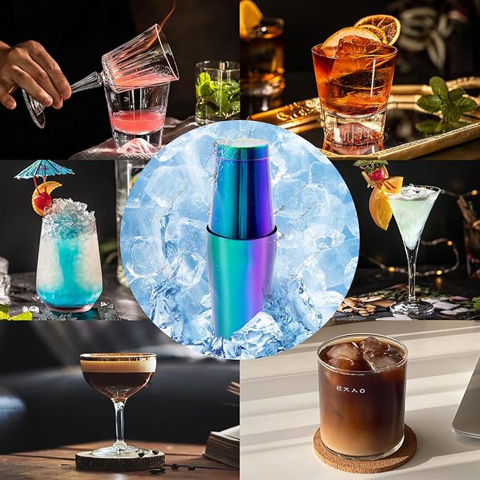 Boston Cocktail Shaker Bar Set, Weighted Boston Shaker Tins, Bartender Kit with 18oz & 28oz Mixed Drink Shaker, Hawthorne Strainer, Double Measuring Jigger - Rainbow