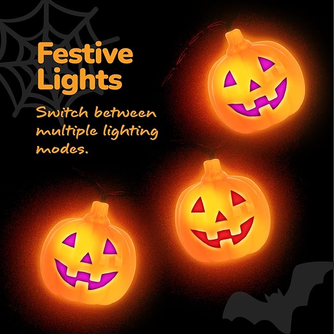 ArtCreativity 8.2 FT Halloween Pumpkin String Lights with Remote - 10 LED - Orange Jack-O-Lantern Decorations for Outdoor & Indoors - Cute Halloween Party Supplies - Battery Powered Pumpkin Deco