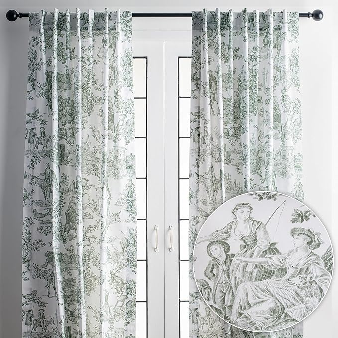 Maison d' Hermine Curtains for living room 100% Cotton 124 inch length Two Panels Light Filtering Toile Curtains with rod and loop Pockets (The Miller Antique Green (White Background), 50"W x 124"L)