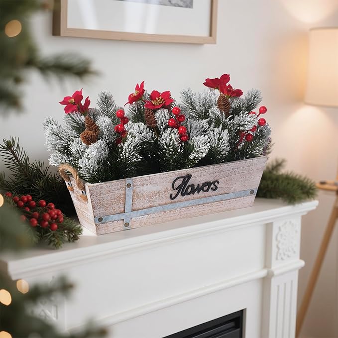 Artificial Christmas Centerpiece with Snowy Norfolk Pine Garland, Poinsettias, Berries & Pine Cones in Rustic Wood Planter – Holiday Table Decoration for Home, Kitchen, Office, or Mantel
