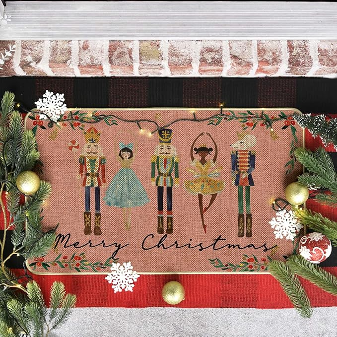 Artoid Mode Watercolor Nutcrackers Merry Christmas Doormat, Seasonal Winter Low-Profile Rug Switch Mat for Indoor Outdoor 17x29 Inch
