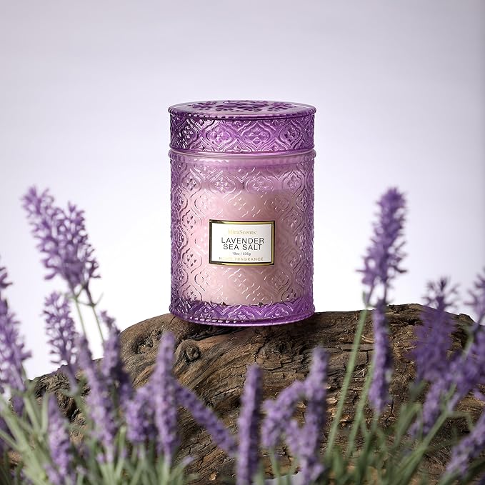 Lavender Sea Salt Scented Candles, 19oz Aromatherapy Candles Gifts for Women, Purple Luxury Large Decorative Candles in Glass, Natural Soy Wax for Home