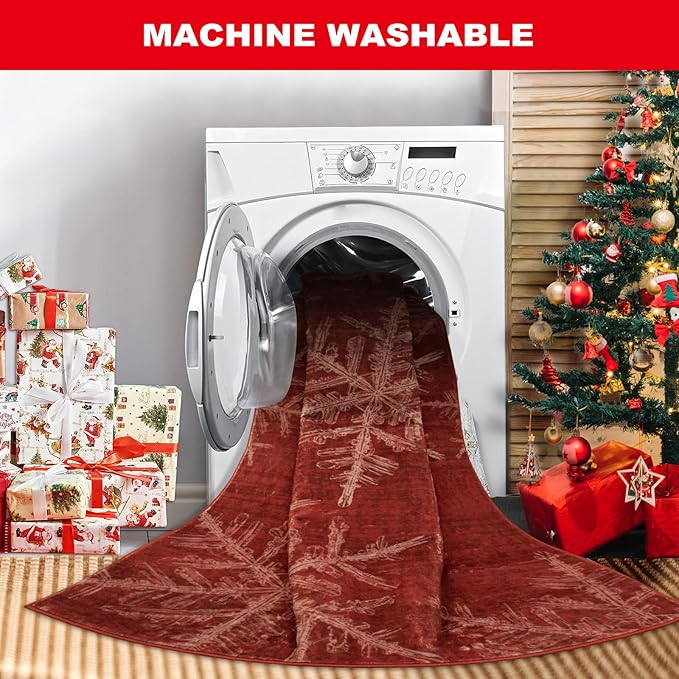 Lahome Christmas Washable Area Rugs, 3x5 Snowflake Entryway Rugs Indoor Non Slip Washable Red Rugs for Bedroom Holiday Decor, Soft Ultra-Thin Carpet for Living Room Kitchen Bathroom(3'x 5',Red)