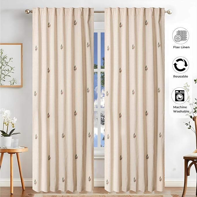 Linen Flax Curtain 50x84 Natural with Embroidery, Farmhouse Curtain,Tab Top Curtains, Room Darkening Drapes, Curtains for Bedroom, Curtains for Living Room_1Piece