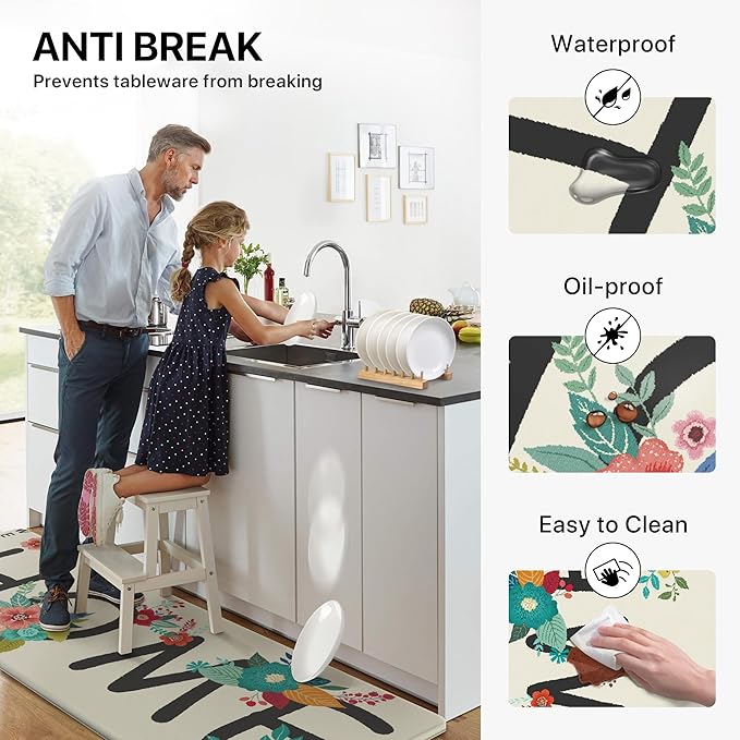 GENIMO Anti Fatigue Kitchen Mats for Floor, Non Slip Washable Home Theme Rugs Sets of 2, Farmhouse Cushioned Waterproof Comfort Runner Rug for Kitchen, Sink, Desk, Laundry, 17"x 47"+17"x 30", White