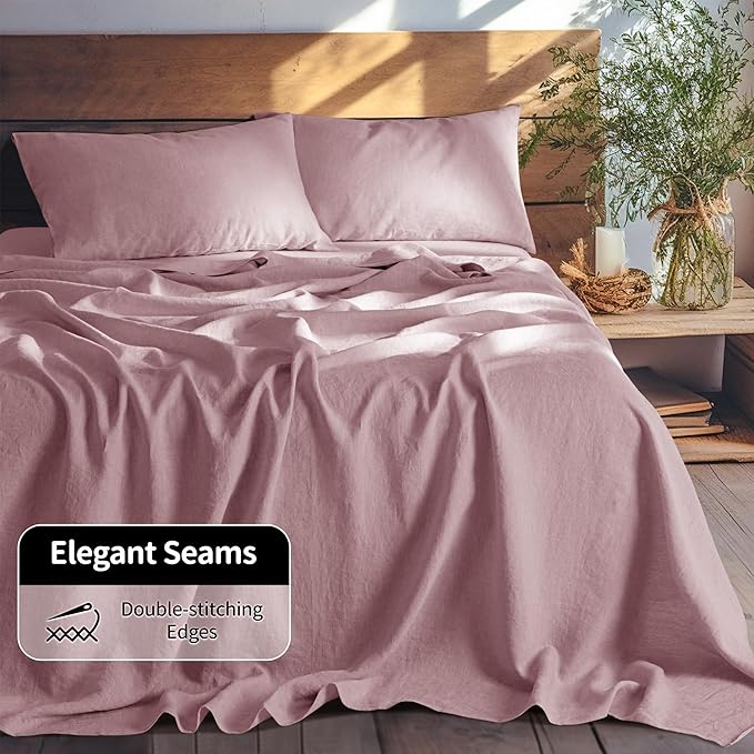 LBRO2M 100% Linen Sheet Set King Size,Bed Sheets 4 Piece Sets,Solid Color Natural Flax Bed Sheets Soft Breathable Bedding,16" Deep Pocket,All Season (King, Embroidery Purple)