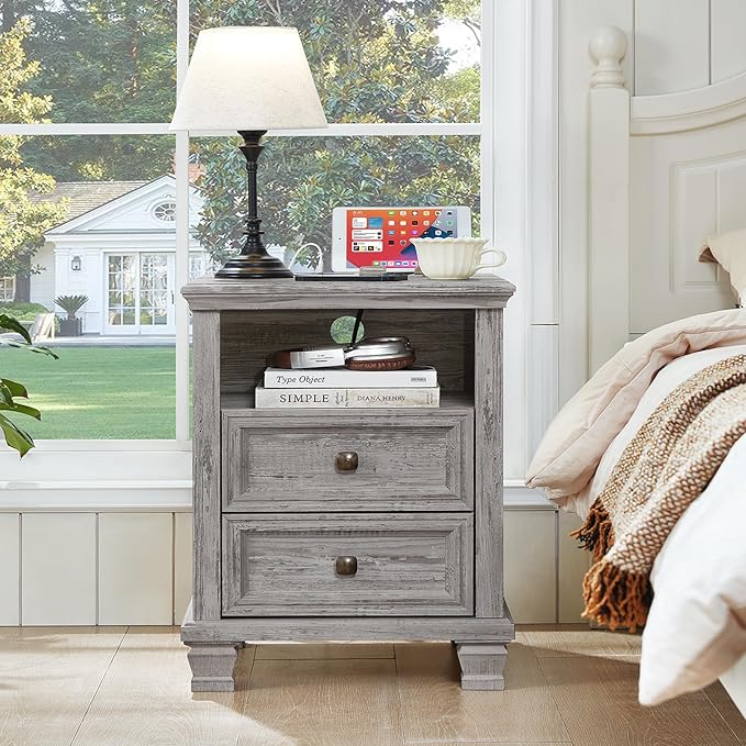 Farmhouse Nightstand with Charging Station, Rustic Grey Nightstand,2 Drawers End Table for Living Room,Bedside Table with Open Shelf for Bed Room,Grey