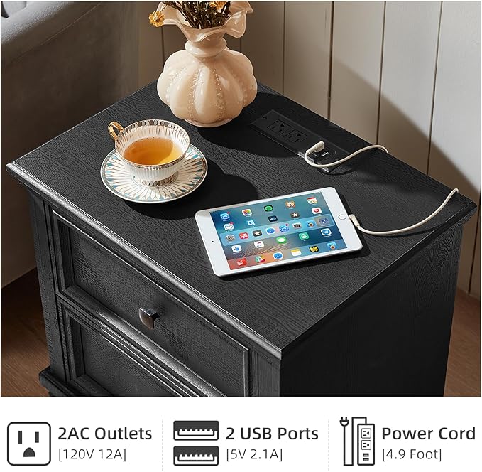 Farmhouse Nightstand Set of 2, Rustic Low Nightstands with 2 Drawers & Charging Station, Vintage Night Stands with 4 Square Solid Wood Legs, Small Dresser for Bedroom, Home, Black