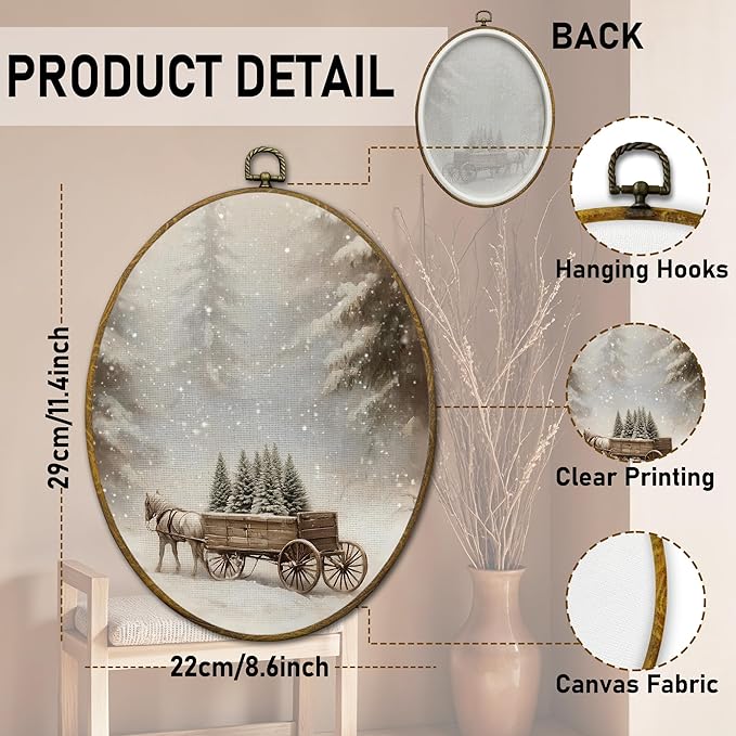 QZQE Vintage Christmas Winter Forest Oval Wall Art Decor Framed, Winter Landscape Pine Trees Carriage Oval Canvas Prints, Cozy Rustic Wall Hanging Decor for Home Bedroom Living Room, 8.6x11.4 Inch