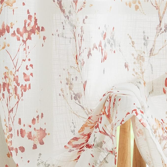 White Semi Sheers Curtains with Red Orange Tree Branch Print Pattern Window Curtains for Living-Room 84" Grommet Top Privacy Curtain Drapes Watercolor Design Curtain Panels 2 pcs