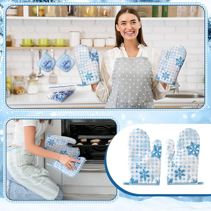 10 Pcs Christmas Kitchen Decor Set Kitchen Towels and Rugs Oven Mitts Pot Holders Absorbent Towels for Baking Cooking BBQ Gifts Home Decor(Blue,Snowflake)