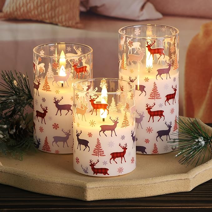 Red Buffalo Plaid Reindeer Christmas Glass Flameless Candles with Remote, Flickering Snowflakes Tree Xmas Decorative LED Pillar Candles Set of 3