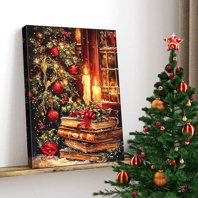 Vintage Christmas Wall Art Framed Canvas Print, Rustic Moody Bookshelf Still Life for Christmas Decorations, Dark Academia Holiday Gift Idea & Winter Library Study Room Decor