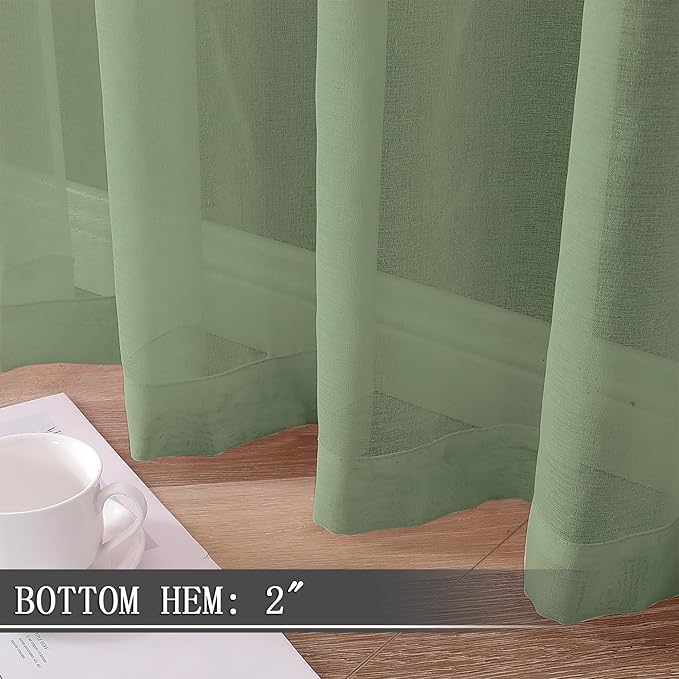 Tollpiz Short Sheer Curtain Living Room Linen Textured Curtains Sheer Light Filtering Voile Rod Pocket Curtain for Bedroom, 38 x 54 inches Long, Sage Green, Set of 2 Panels