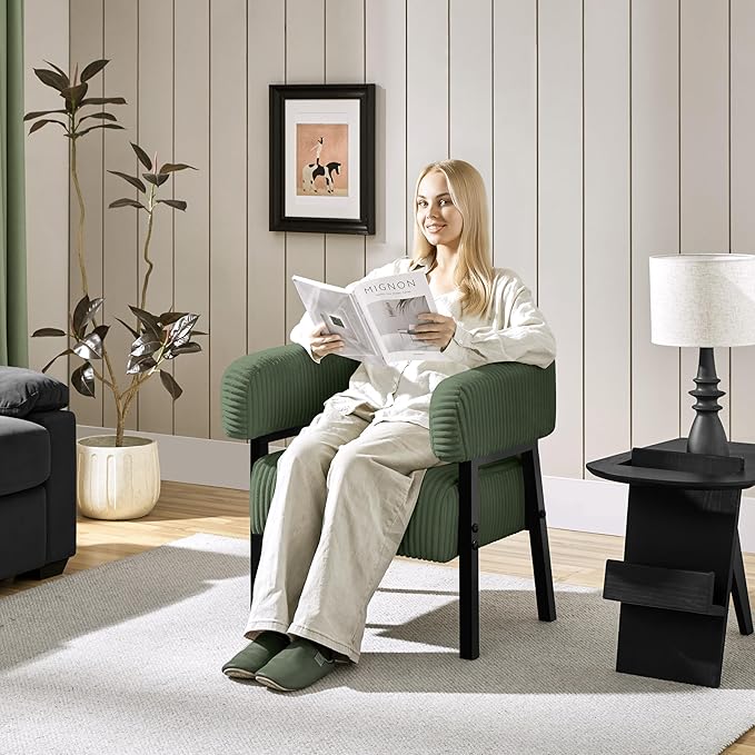 Yaheetech Corduroy Barrel Accent Chair, Modern Upholstered Armchair with Solid Wood Legs, Cozy Leisure Chair with Pocket Coiled Seat for Living Room, Bedroom, Reading Nook Dark Green