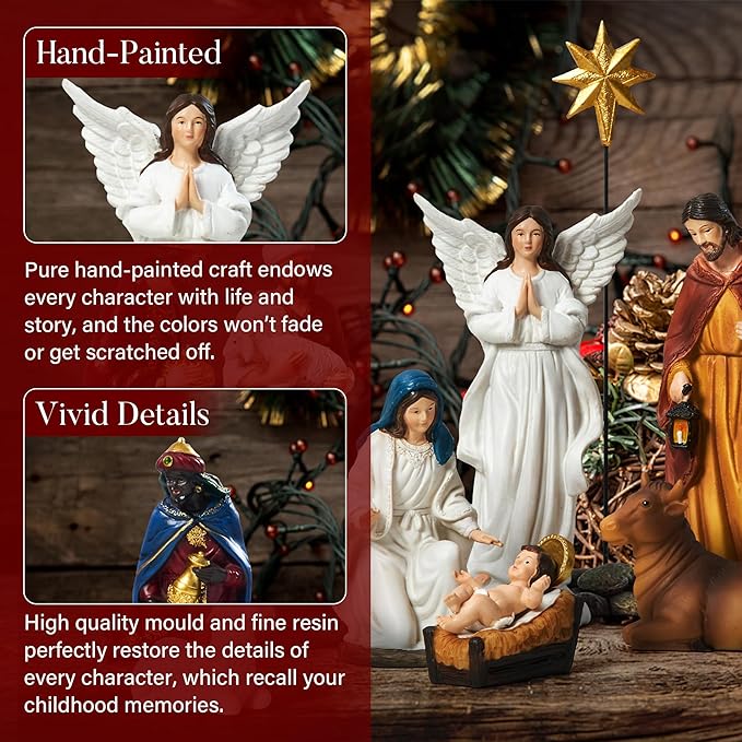 Nativity Sets for Christmas Indoor Set of 13 Pieces 5.9 Inches Tabletop Classic Nativity Scene Resin Figurines Set Religious Decorations Collection Gifts fot All Holidays Home Decor