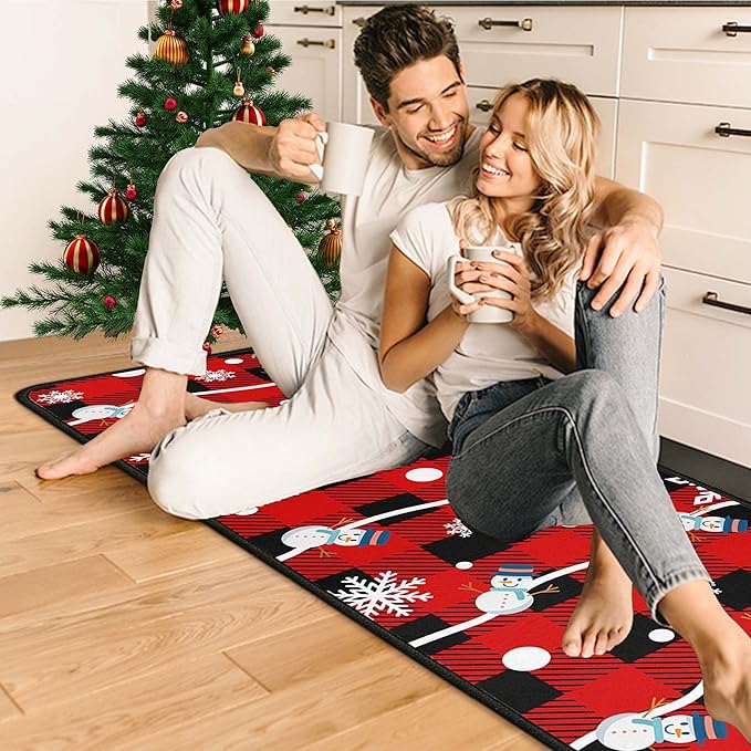Buffalo Plaid Christmas Kitchen Rugs and Mats Set of 2, Christmas Snowman Winter New Year Holiday Party Low-Profile Floor Mat Merry Christmas Decorations for Kitchen Home- 17"x47"+17"x30"