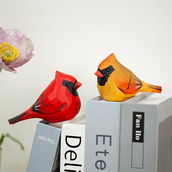 Handcrafted Red Cardinal Figurines – 1 Pair Small Wooden Christmas Male & Female Cardinals Statues Decor for Shelf, Desk, Mantel – Eco-Friendly for Women & Collectors