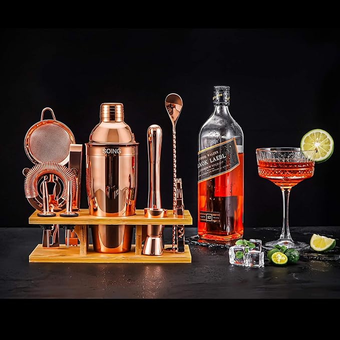 Soing 11-Piece Rose Copper Bartender Kit,Perfect Home Cocktail Shaker Set for Drink Mixing,Stainless Steel Bar Tools with Stand,Velvet Carry Bag & Cocktail Recipes Cards (Rose Copper)