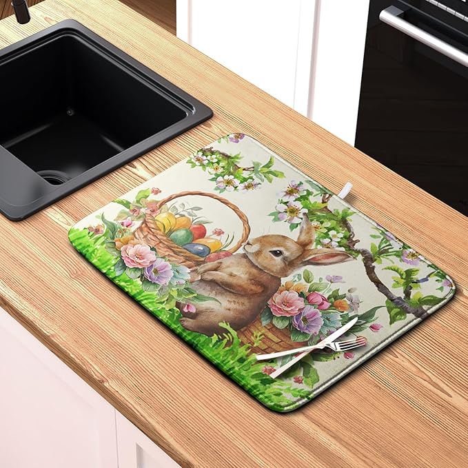 Easter Egg Bunny Dish Drying Mat for Kitchen Counter Floral Flower Basket Drying Mats Absorbent Dish Pad Spring Summer Holiday Medium Dish Draining Mat 18x24 inch