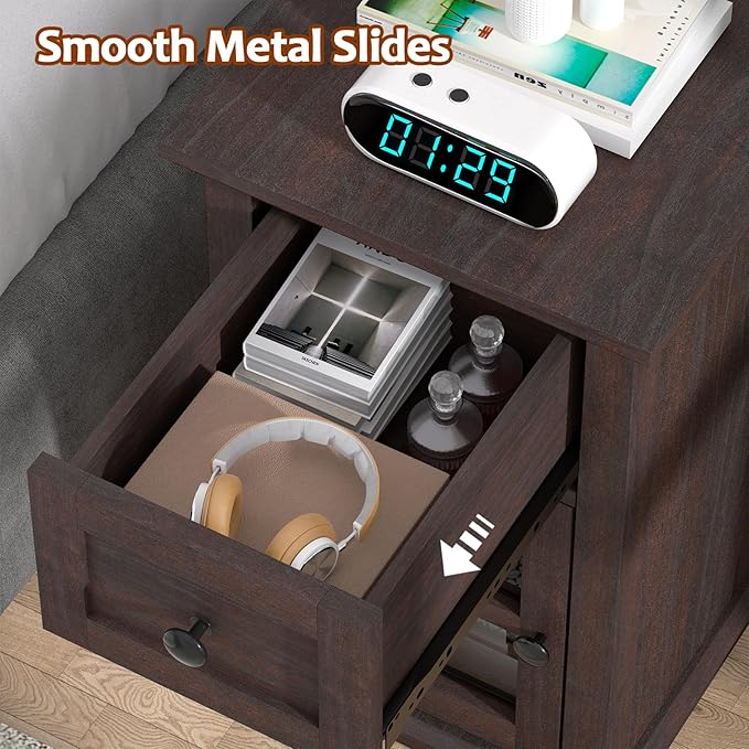 HIFYOBRO End Table with 1 Drawer, Storage Side Table with Flip Top Charging Station, Type-C & USB Port & Power outlets, Wooden Storage Cabinet for Bedroom/Living Room