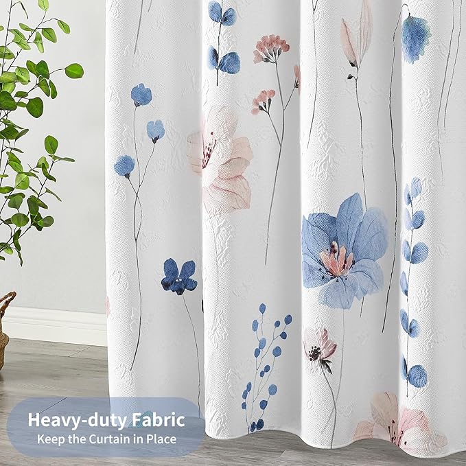 QiyI Watercolor Floral Shower Curtain, 3D Embossed Butterflies Blue Pink Flower Bathroom Curtain, Minimalist White Cloth Bath Curtain, Waterproof Fabric Textured Shower Curtain Set with Hooks, 72x72