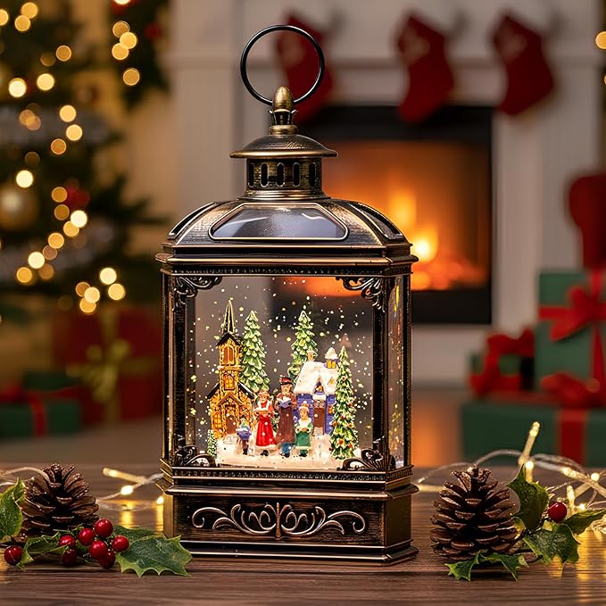 Musical Snow Globe Lantern Lighted Church Carolers Christmas Village Snow Water Lantern Swirling Glittering Home Decoration and Gift, Battery Operated or USB Powered