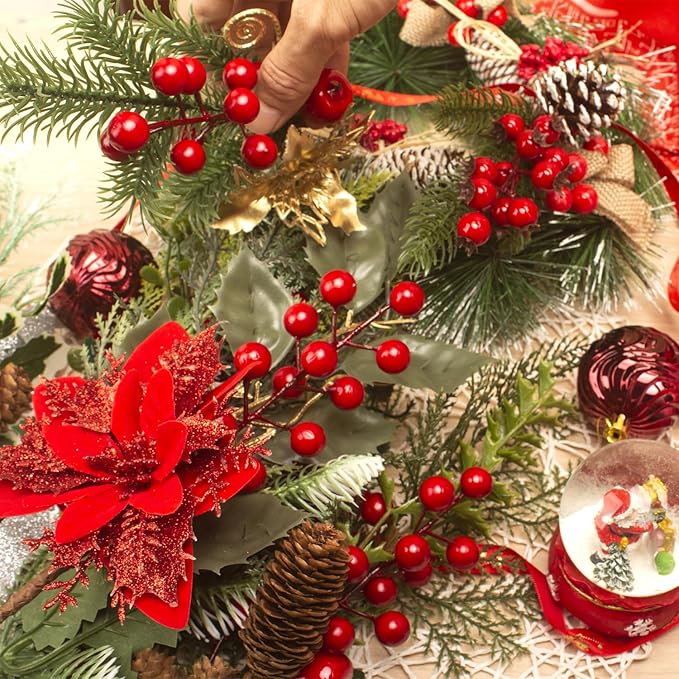 8Pack Artificial Christmas Picks - Assorted Red Berry Picks Stems & Faux Pine Picks Spray with Pinecones, Apples & Holly Leaves for Stunning Holiday Décor & Wreath Creations!