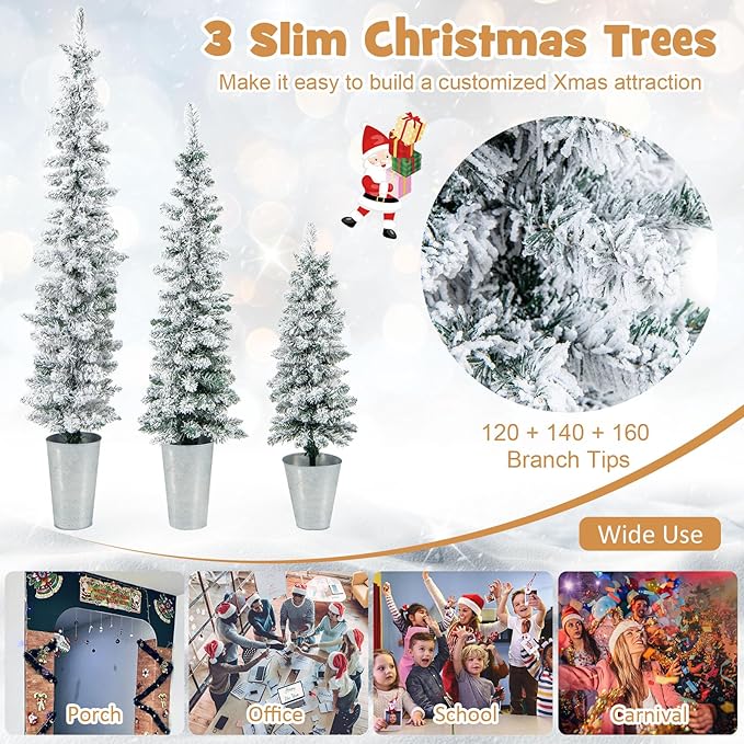 GOFLAME Set of 3 Potted Christmas Tree Snow Flocked, 3’ 4’ 5’ Slim Pencil Trees with 120, 140, 160 Branch Tips & Cement-Filled Metal Bases, Artificial Entrance Xmas Trees for Porch, Front Door