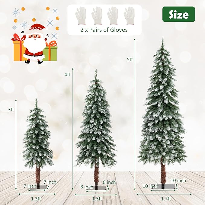 GOFLAME Set of 3 Prelit Christmas Tree, Pencil Artificial Christmas Tree 3Ft, 4Ft and 5Ft with Warm White LED Lights, Slim Christmas Trees with Snowy Leaves, Xmas Decoration Tree for Home Office Party