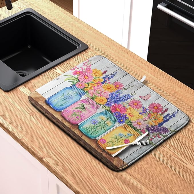 Daisy Dish Drying Mat for Kitchen Counter Spring Summer Flowers Vases Dishes Pad Microfiber Absorbent Dish Draining Mats Rustic Farmhouse Floral Wooden Board Dish Drainer Rack Mat 18x24 Inch