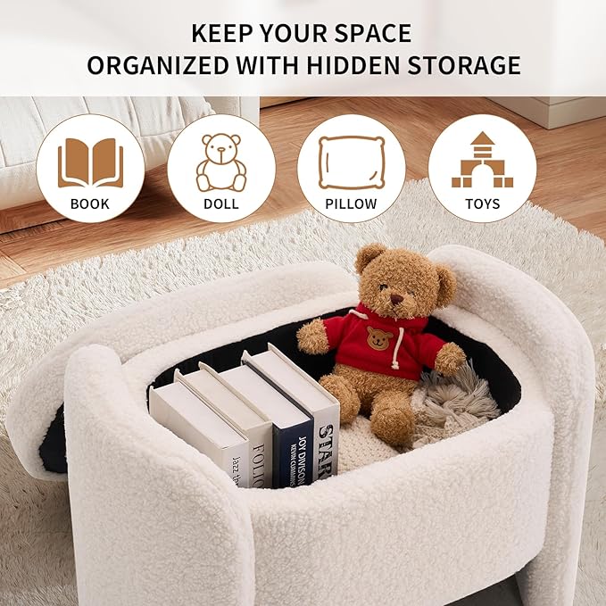Storage Bench with Lamb Fleece Fabric, Vanity Stool Chair, Upholstered Ottoman with Small Hidden Storage for Bedroom, Living Room, Entryway, No Assembly Required, Beige
