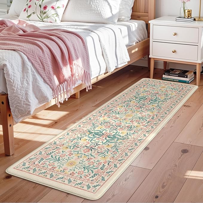 Collive Kitchen Mats for Floor, Cushioned Anti Fatigue Mat Pink Floral Rugs Non Skid Waterproof Sink Rug, Memory Foam Comfort Standing Mat for Office, Laundry, Desk, 2'x6'
