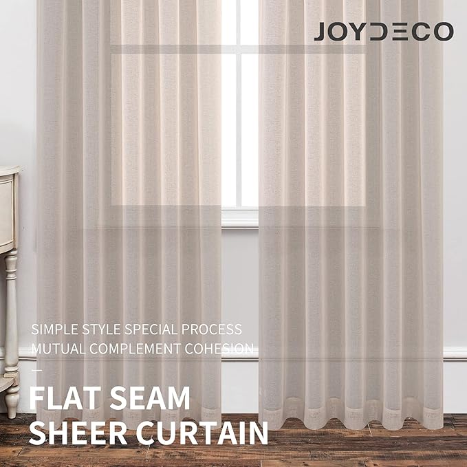Joydeco Linen Sheer Curtains 63 Inch Length 2 Panels Set, Rod Pocket Long Sheer Curtains for Window Bedroom Living Room, Lightweight Semi Drape Panels for Yard Patio (54x63 inch, Linen)