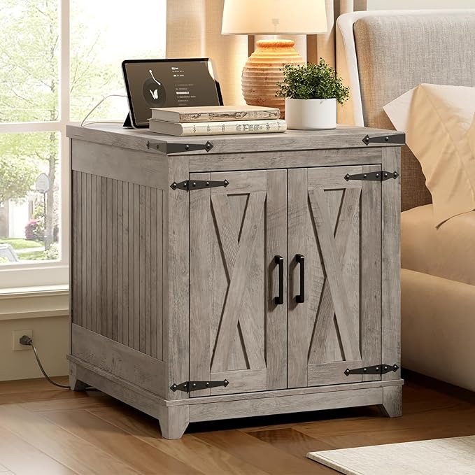 Farmhouse End Table Set of 2, Sofa Side Table with Charging Station and Adjustable Shelf, Wooden Nightstand for Living Room, Bedroom, Greige