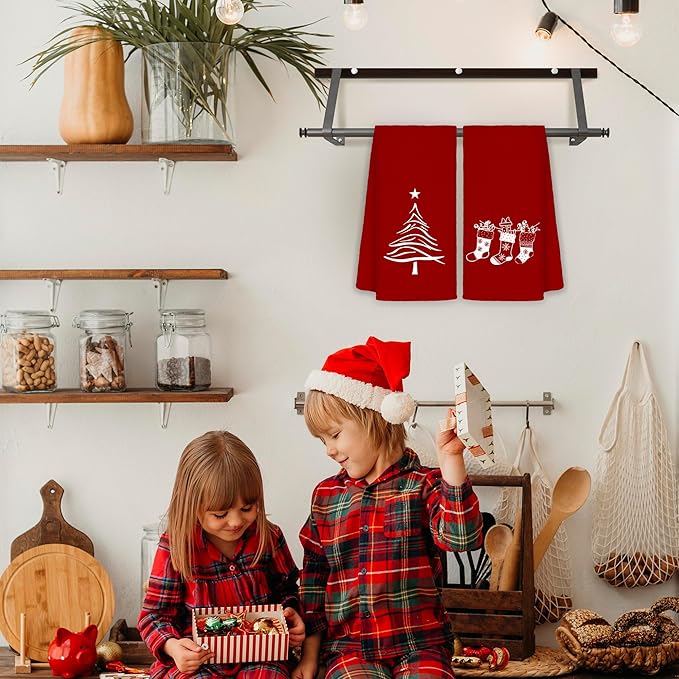 Red Christmas Kitchen Towels Set of 2, Stocking Tree Decorative Hand Towels for Bathroom, Christmas Dish Towels for Kitchen, Christmas Kitchen Bathroom Decor, 16x24 Inches