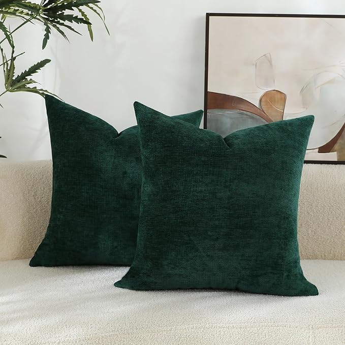 Hunter Green Chenille Decorative Couch Throw Pillow Covers, Soft Cushion Cases for Home Livingroom Sofa Décor, Pack of 2, 18 x 18 Inches