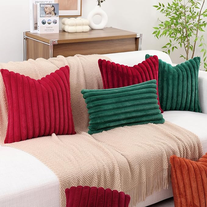 decorUhome Faux Fur Christmas Throw Pillow Covers 16x16 Set of 2, Decorative Soft Plush Striped Neutral Couch Euro Pillow Covers with Velvet Back for Sofa, Bed, Living Room Home Decor, Christmas Green