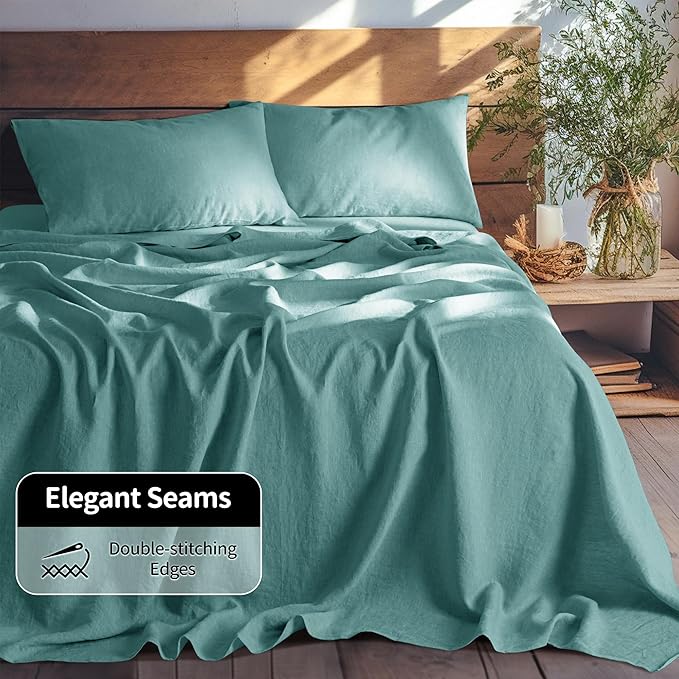 LBRO2M 100% Linen Sheet Set Queen Size,Bed Sheets 4 Piece Sets,Solid Color Natural Flax Bed Sheets Soft Breathable Bedding,16" Deep Pocket,All Season (Queen, Aqua)