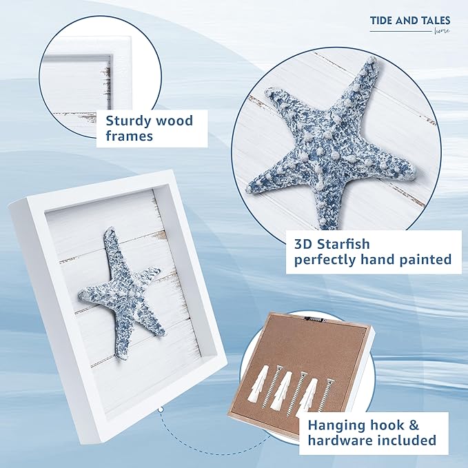 TideAndTales 3D Starfish Wall Art (Framed Set of 3) Coastal Theme Wall Hanging Decoration for Bathroom or Tropical Bedroom, Ocean Inspired Seashell Decor for Home or Beach House (7"x 7")