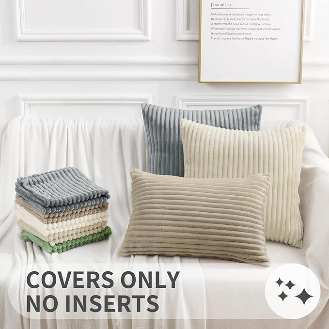 Simmore Decorative Fall Throw Pillow Covers 20x20 Set of 2, Soft Natural Plush Flannel Double-Sided Fluffy Couch Pillow Covers for Sofa Living Room, Khaki