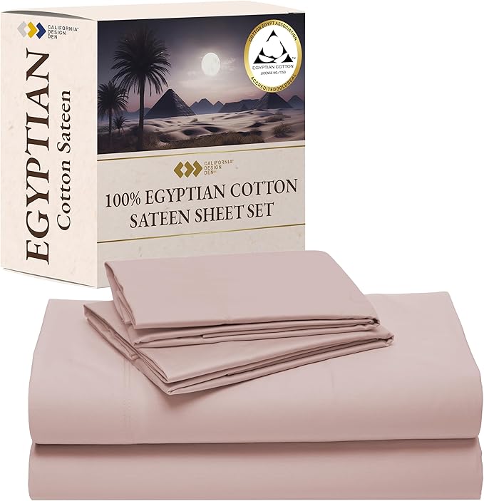 California Design Den Certified 100% Egyptian Cotton Sheets Queen Size Set - Soft Sateen, Deep Pocket Sheets with Anti-Skid Elastic, Cool and Durable Luxury Bedding - Sepia Rose