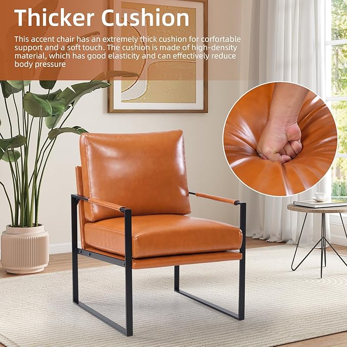 INZOY Mid Century Modern Accent Chair with Removable Cushions, Comfy PU Leather Living Room Chairs with Thicker Backrest and Cushion, Metal Frame Design, Brown