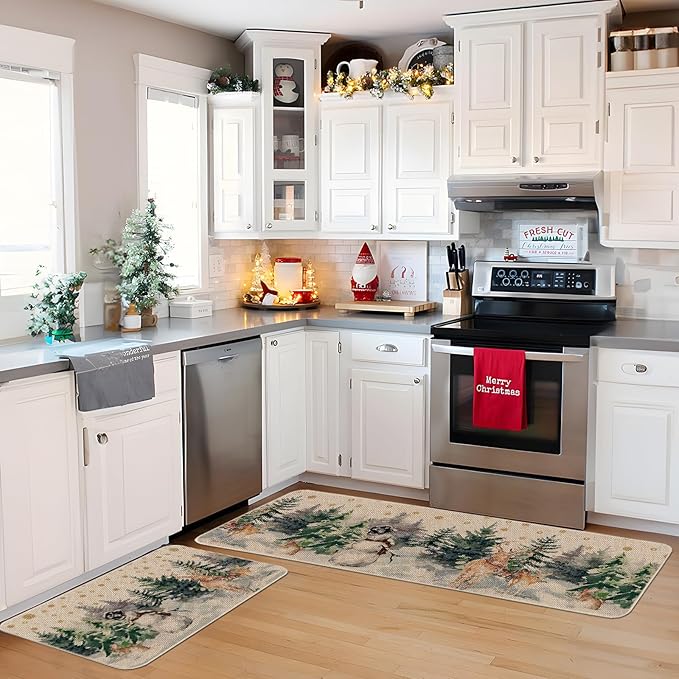 Christmas Snowman Reindeer with Scarf Decorative Kitchen Rugs Set of 2, Seasonal Winter Welcome Xmas Home Decor Low-Profile Kitchen Mats for Floor - 17x29 and 17x47 Inch